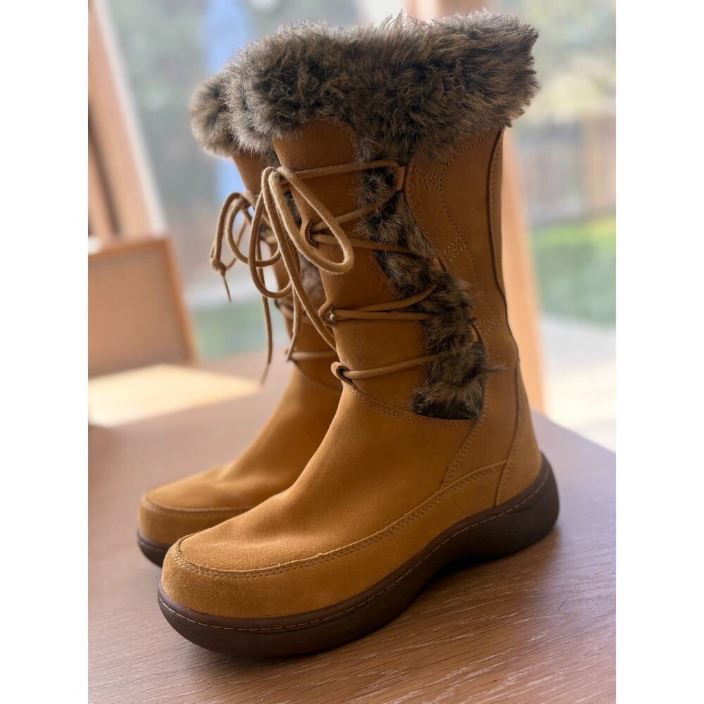 LL Bean Women's Tan Suede Fur Trim Nordic Boots Size 6.5